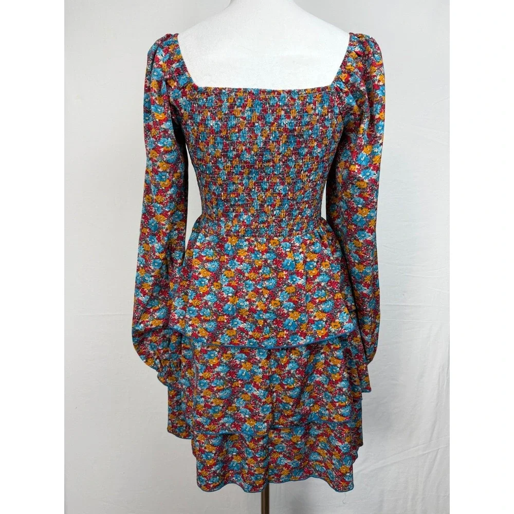BTFBM Women's Mini Dress Floral Smocked Tiered Cottagecore Square Neck Small NWT